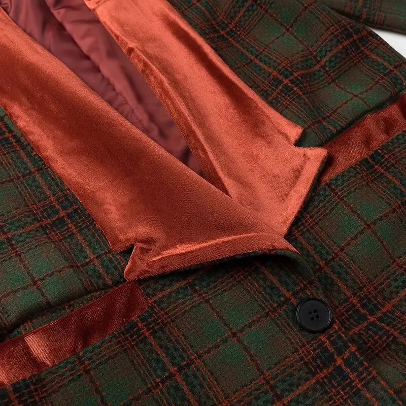 Velvet Trim Full Length Plaid Coat