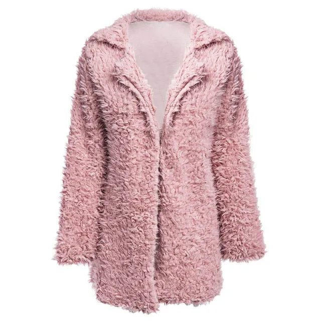 VESTLINDA Winter Grey Wool Overcoat Warm Outerwear Women Pink Faux Fur Coat Turn Down Collar Long Sleeve Cardigan Female Outwear