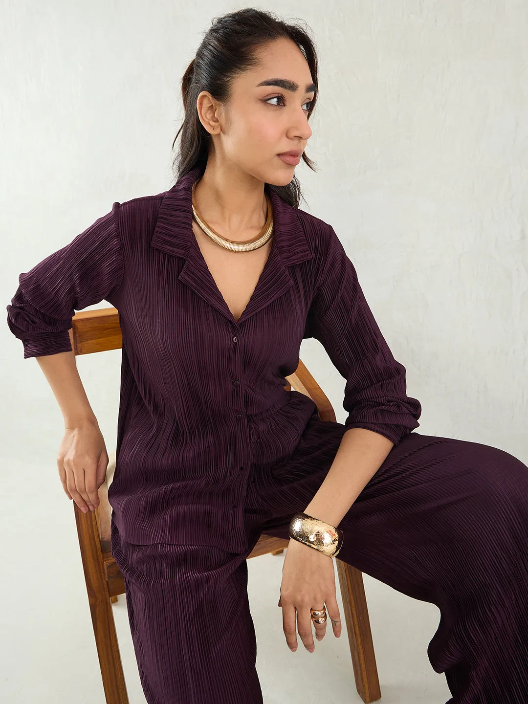 Wine Pleated Button Down Shirt