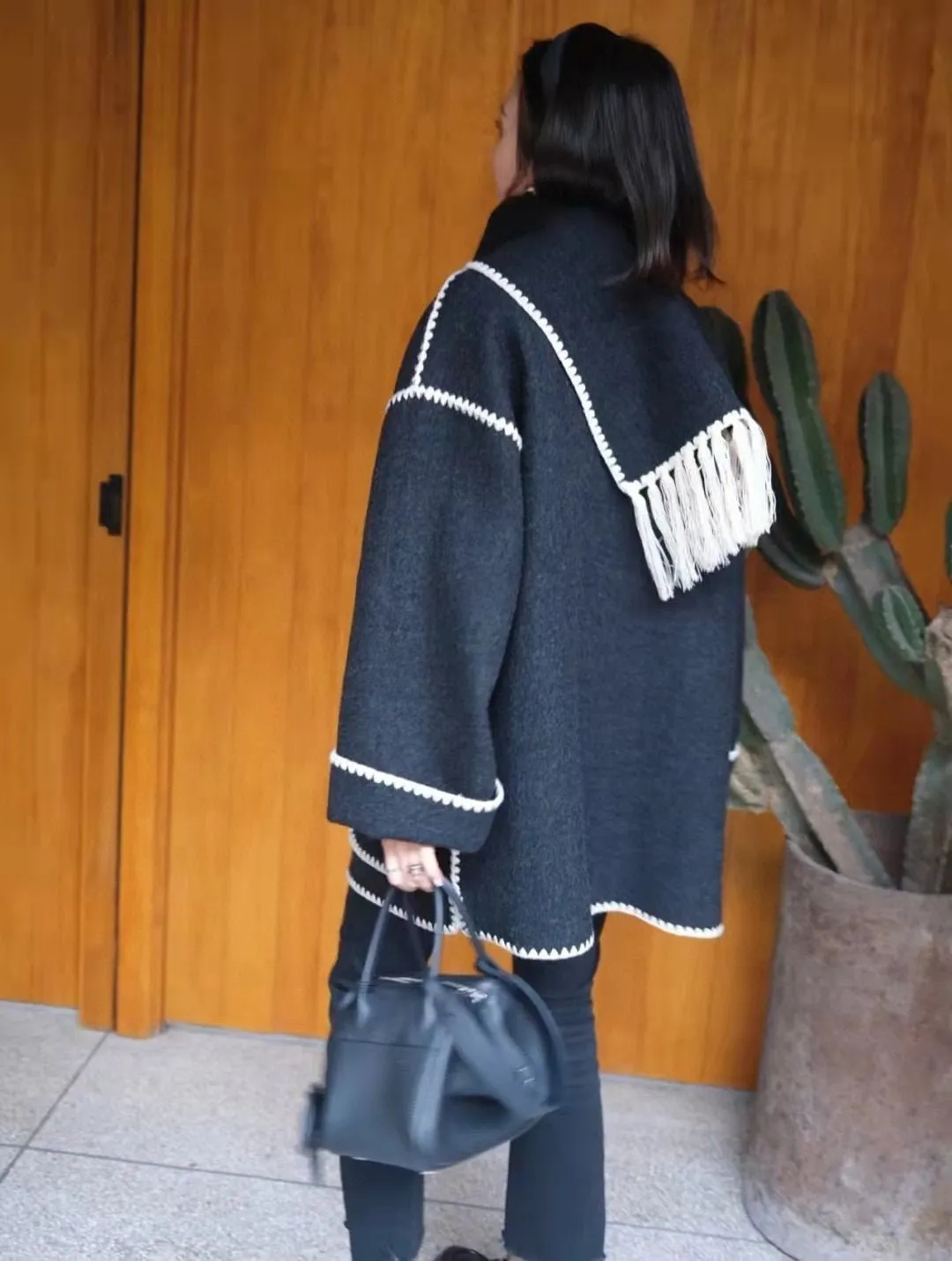 Women Coat Wool Polyester Single Breasted Oversize Casual Scarf Collar