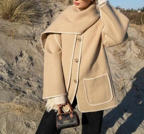 Women Coat Wool Polyester Single Breasted Oversize Casual Scarf Collar