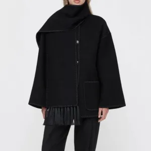 Women Coat Wool Polyester Single Breasted Oversize Casual Scarf Collar