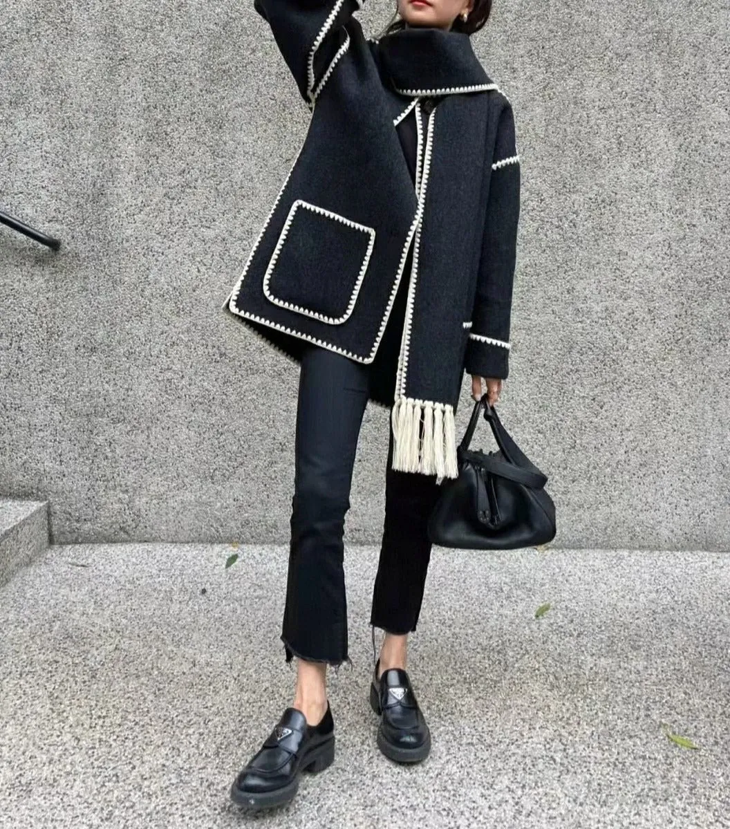 Women Coat Wool Polyester Single Breasted Oversize Casual Scarf Collar