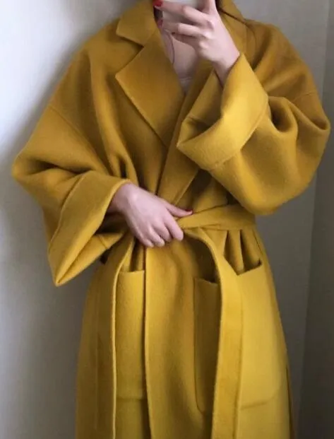 Women Elegant Winter wool Overcoat Long Bandage Woolen Coat
