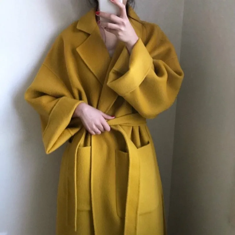 Women Elegant Winter wool Overcoat Long Bandage Woolen Coat