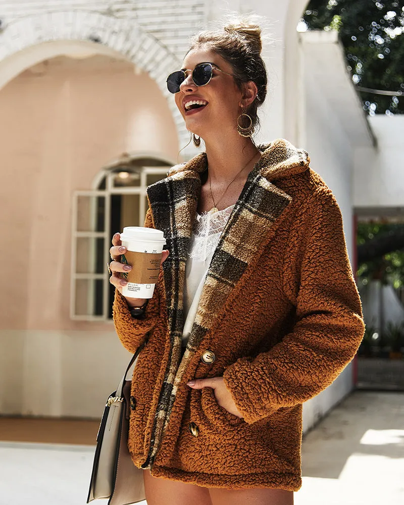 Women High Collar Button Plush Coat