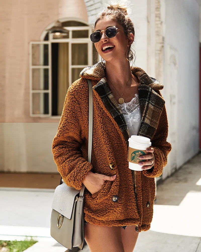 Women High Collar Button Plush Coat