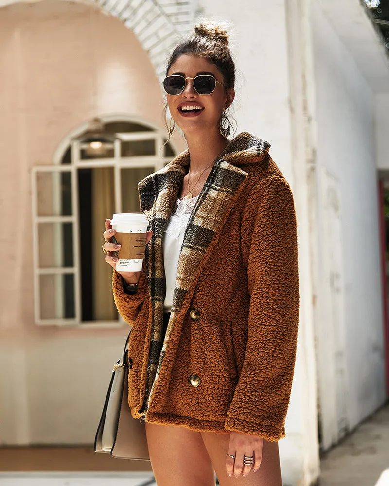 Women High Collar Button Plush Coat