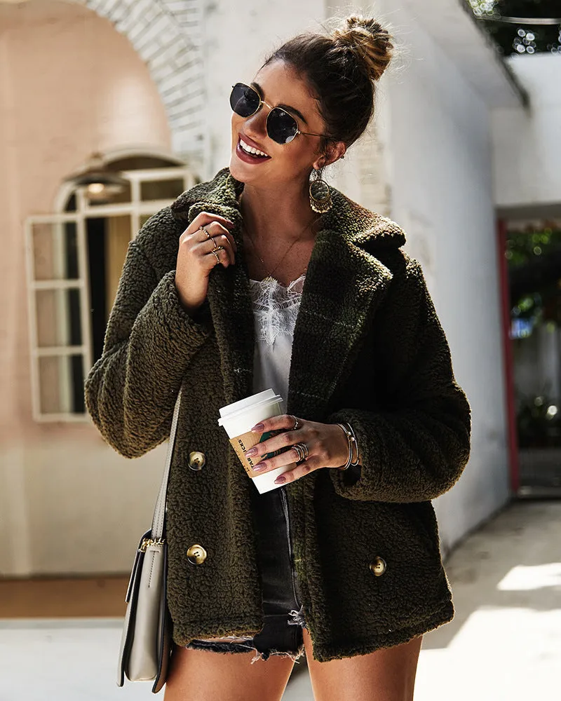 Women High Collar Button Plush Coat