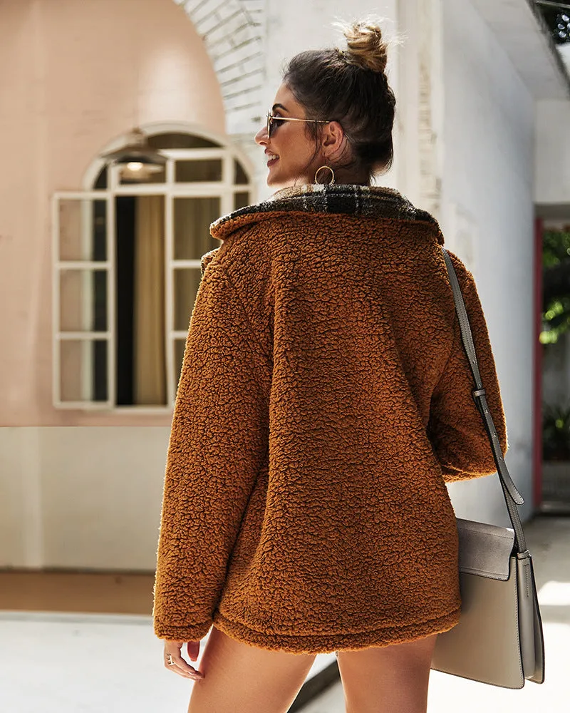 Women High Collar Button Plush Coat