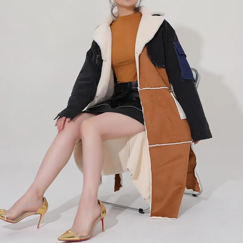 Women Long Denim Coat Woolen