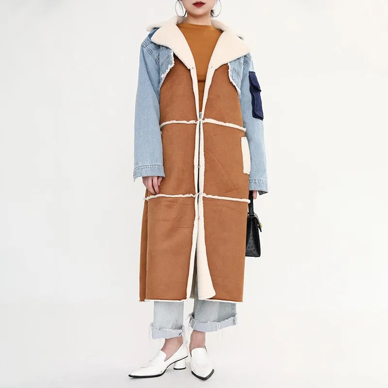 Women Long Denim Coat Woolen