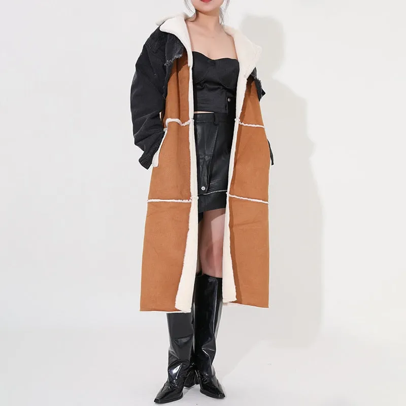 Women Long Denim Coat Woolen