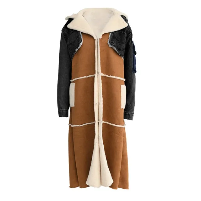 Women Long Denim Coat Woolen