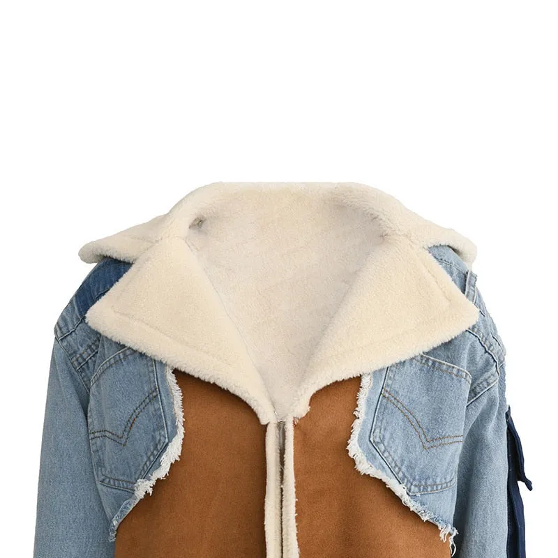 Women Long Denim Coat Woolen