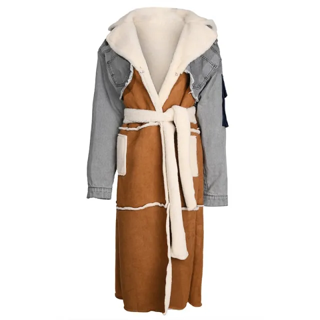 Women Long Denim Coat Woolen