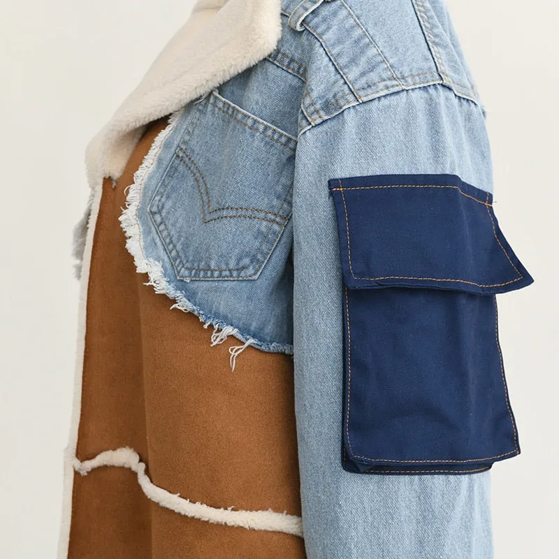 Women Long Denim Coat Woolen