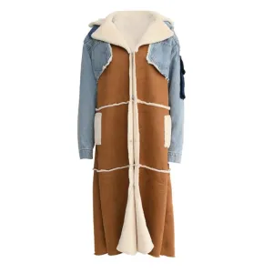 Women Long Denim Coat Woolen