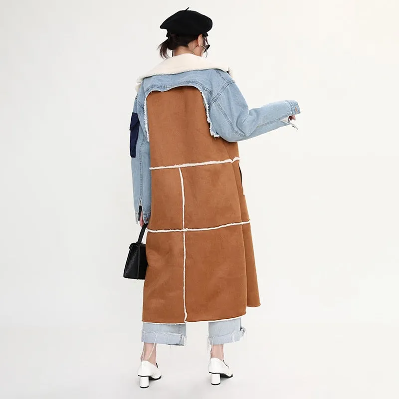 Women Long Denim Coat Woolen