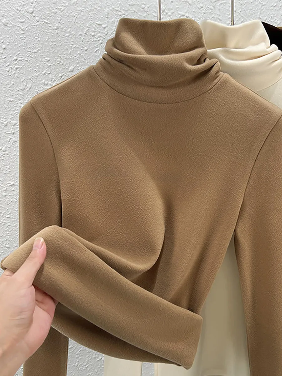 Women Winter Casual Turtleneck Buttom Fleece Blouse