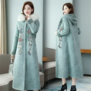 Women Winter Coat Embroidered Rabbit Collar Woollen Long Coat Fur Jacket Deerskin Suede Thicken Warm Hooded Faux Fur Coat Women