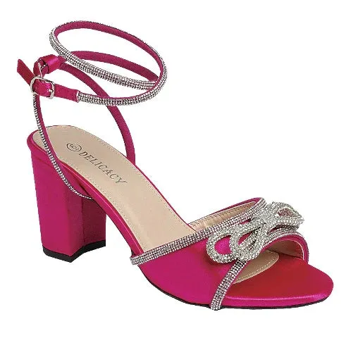 Women's Block heel with Rhinestone Bow Wrap around Ankle Strap & Open Toe Dress Sandals