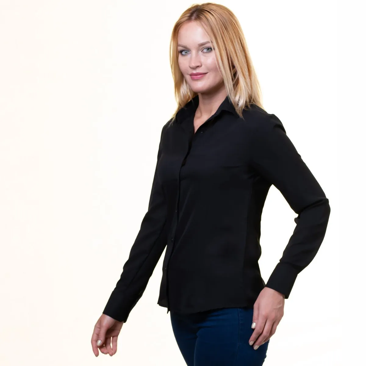Womens Button Down V Neck Shirts Long Sleeve Blouse Roll Up Sleeve Casual Work Jet Black