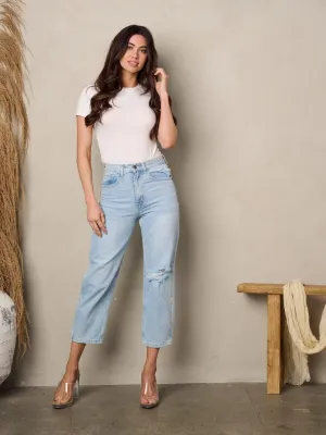 WOMEN'S HIGH WAIST DISTRESS DENIM CROP PANTS