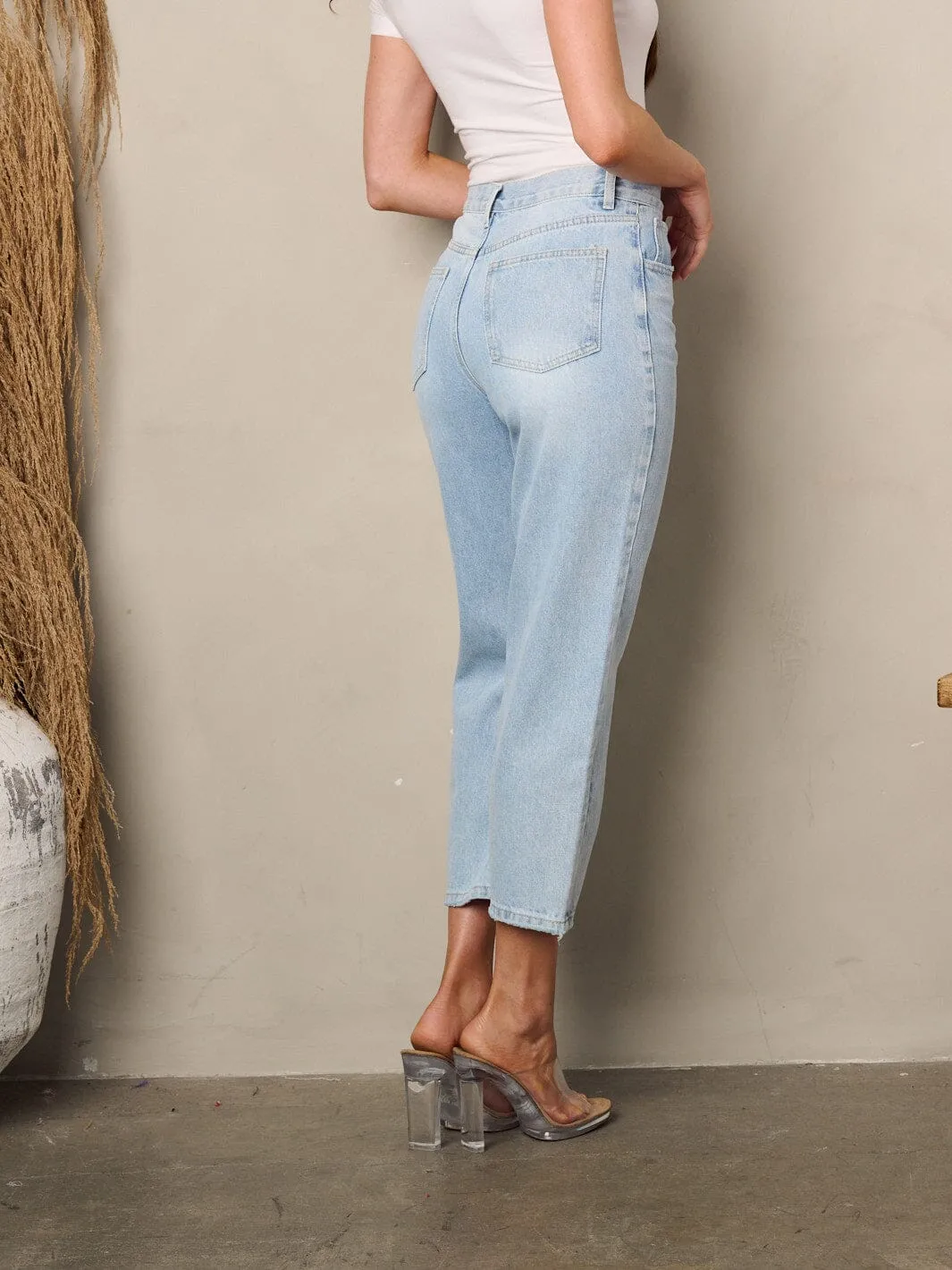 WOMEN'S HIGH WAIST DISTRESS DENIM CROP PANTS