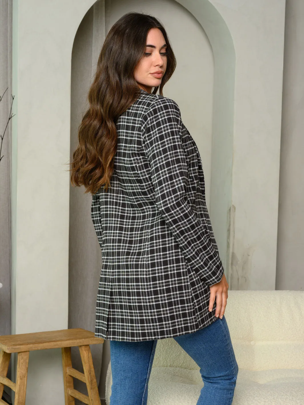 WOMEN'S LONG SLEEVE BUTTON CLOSURE PLAID COAT JACKET