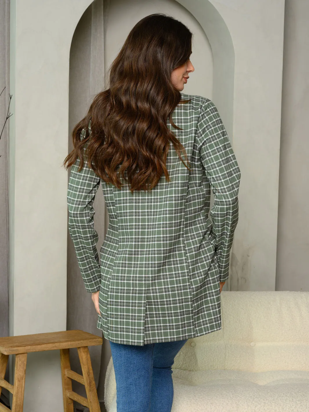 WOMEN'S LONG SLEEVE BUTTON CLOSURE PLAID COAT JACKET