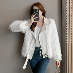 Women's Long Sleeve Short Faux Fur Coat  Zipper Sashes White Turn-down Collar