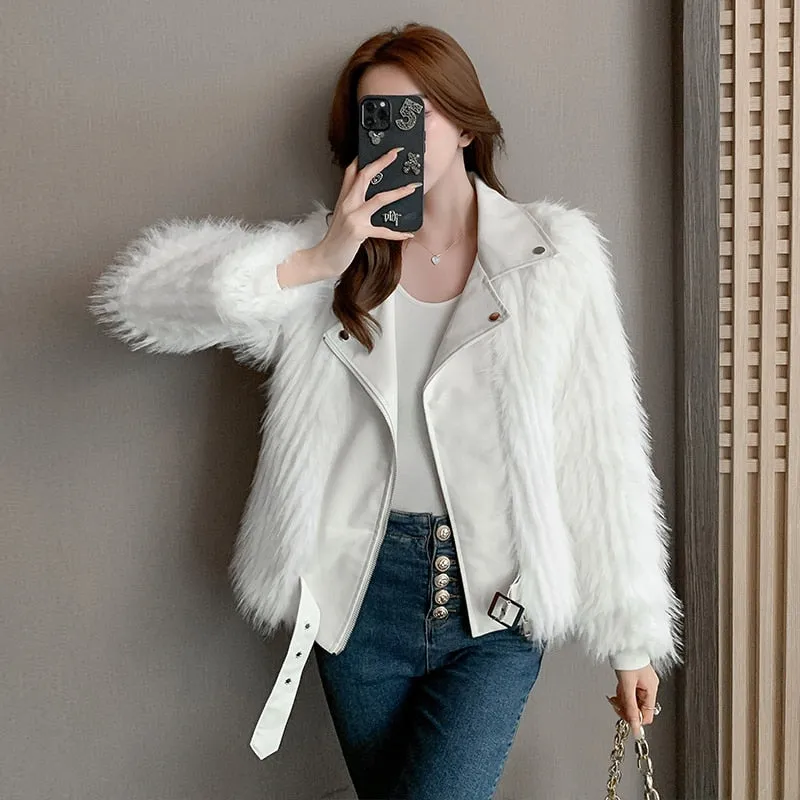 Women's Long Sleeve Short Faux Fur Coat  Zipper Sashes White Turn-down Collar