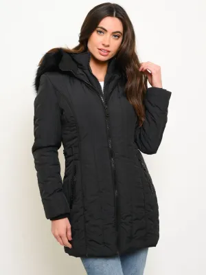 WOMEN'S MID-LENGTH HOODED FAUX FUR-LINED QUILTED COAT