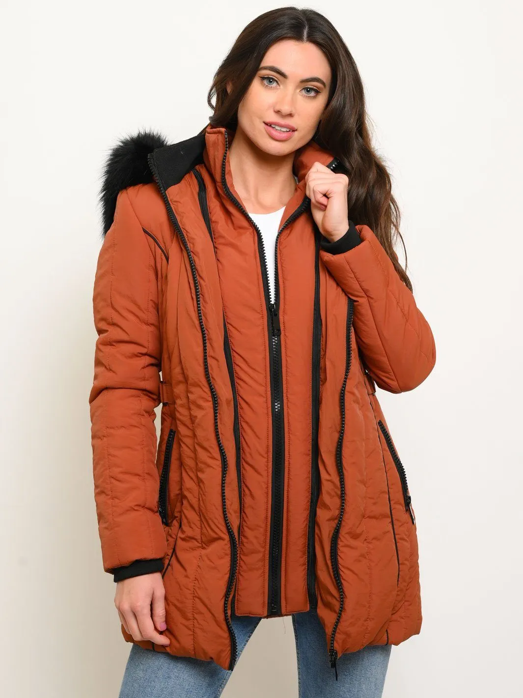 WOMEN'S MID-LENGTH HOODED FAUX FUR-LINED QUILTED COAT