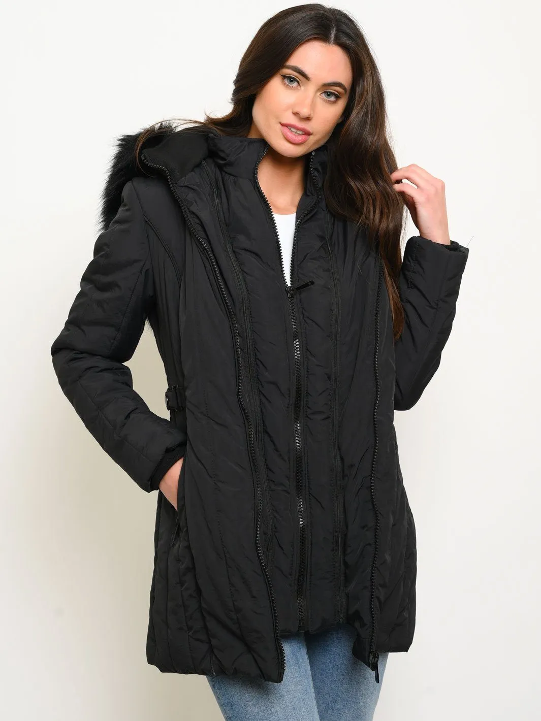 WOMEN'S MID-LENGTH HOODED FAUX FUR-LINED QUILTED COAT