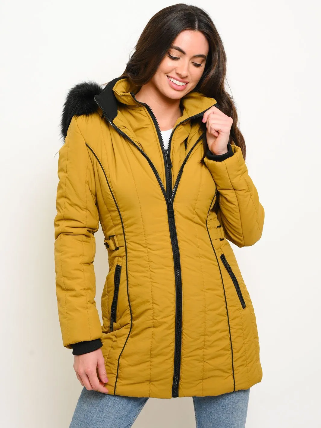 WOMEN'S MID-LENGTH HOODED FAUX FUR-LINED QUILTED COAT