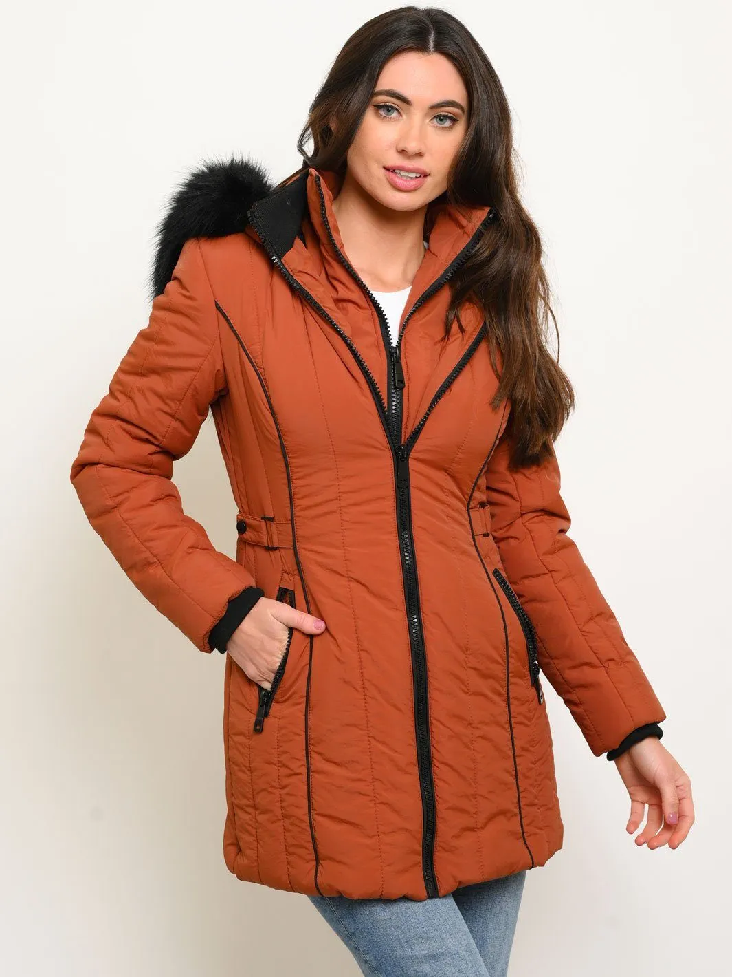 WOMEN'S MID-LENGTH HOODED FAUX FUR-LINED QUILTED COAT