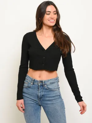 WOMEN'S RIBBED BUTTON DOWN LONG SLEEVE CROP TOP