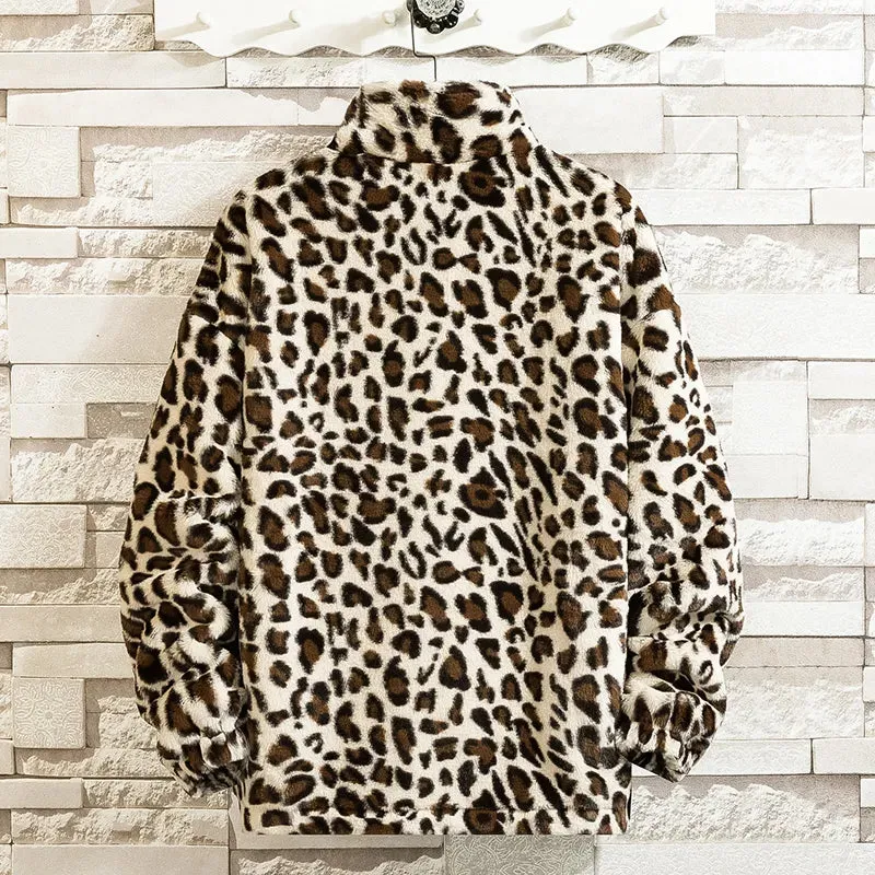 Women's Winter Jacket Warm Faux Fur Coat Leopard Print Coats Stand Collar or with Hood