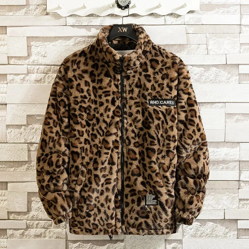 Women's Winter Jacket Warm Faux Fur Coat Leopard Print Coats Stand Collar or with Hood