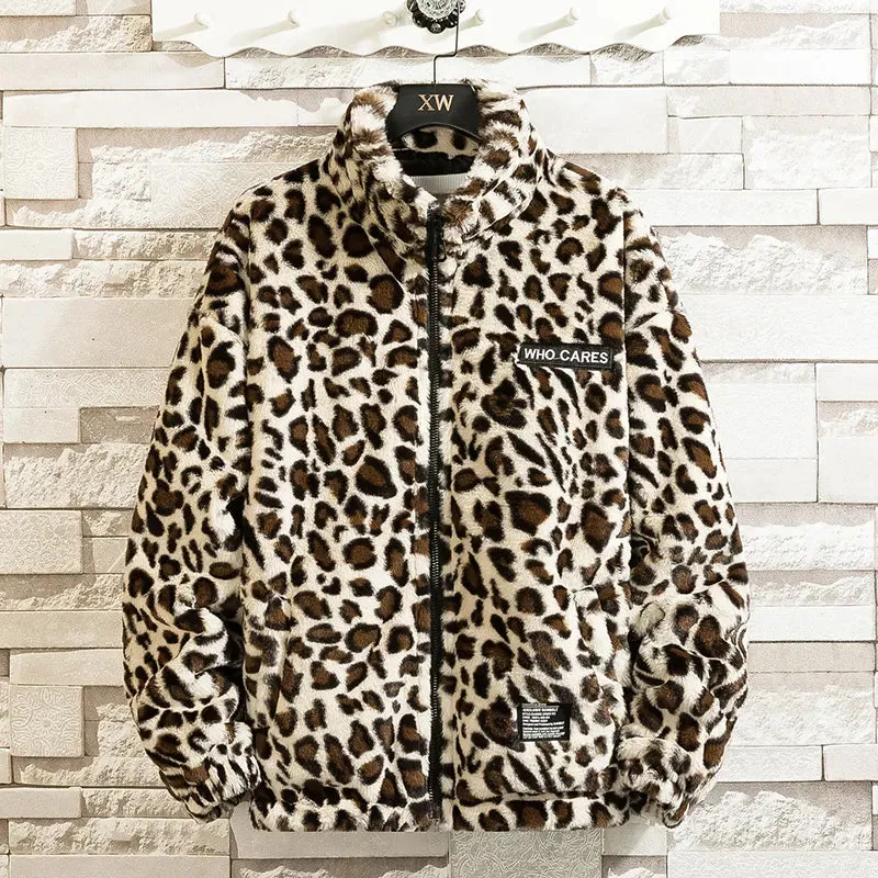 Women's Winter Jacket Warm Faux Fur Coat Leopard Print Coats Stand Collar or with Hood