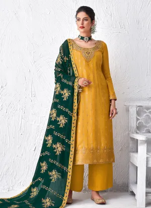 Yellow And Green Embroidered Palazzo Suit