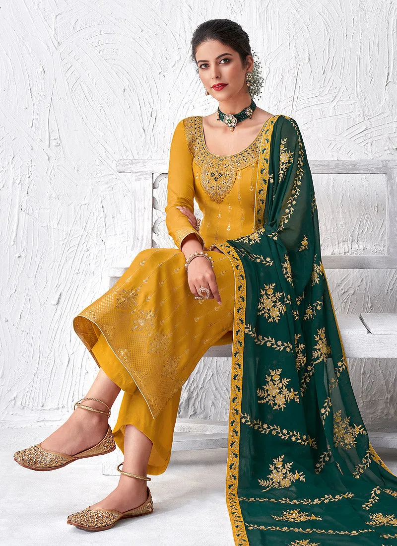 Yellow And Green Embroidered Palazzo Suit