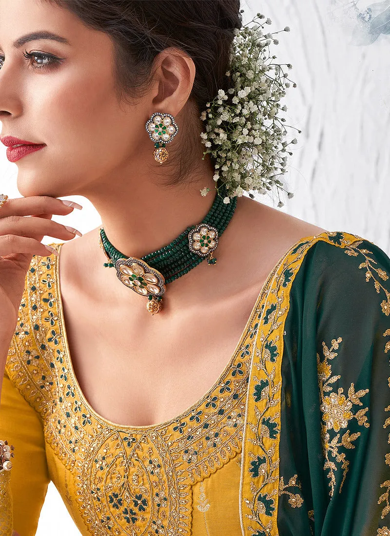 Yellow And Green Embroidered Palazzo Suit