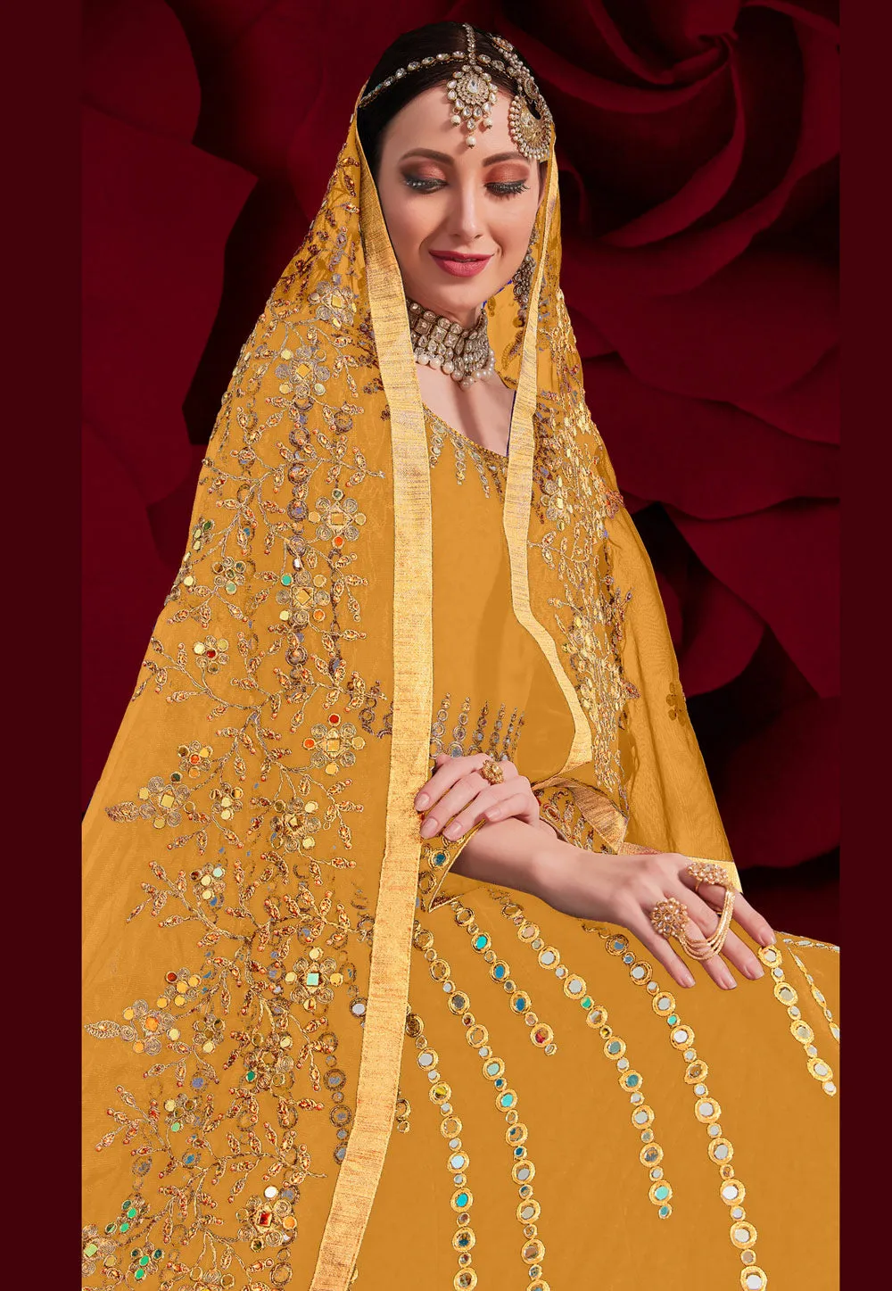 Yellow Golden Mirror Work Flared Anarkali Pant Suit