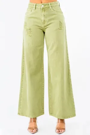 Yellow-Green High Waist Distressed Wide Leg Jeans
